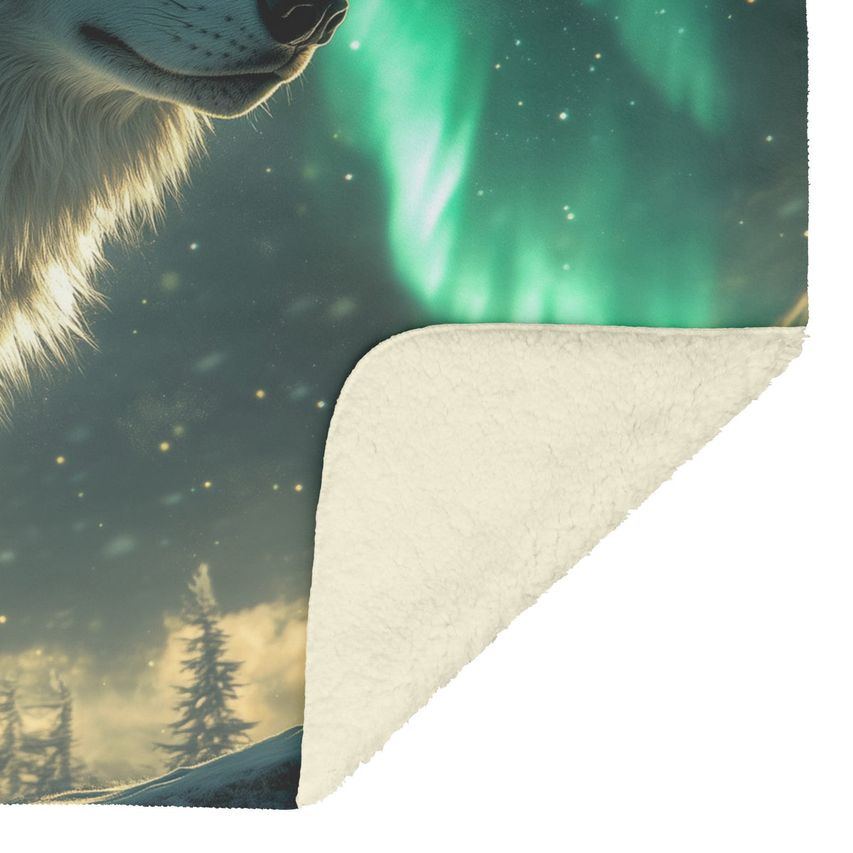White Wolf Standing in Snowy Forest Under Faint Glowing Northern Lights Cozy Sherpa Blanket - Awakening Righteousness