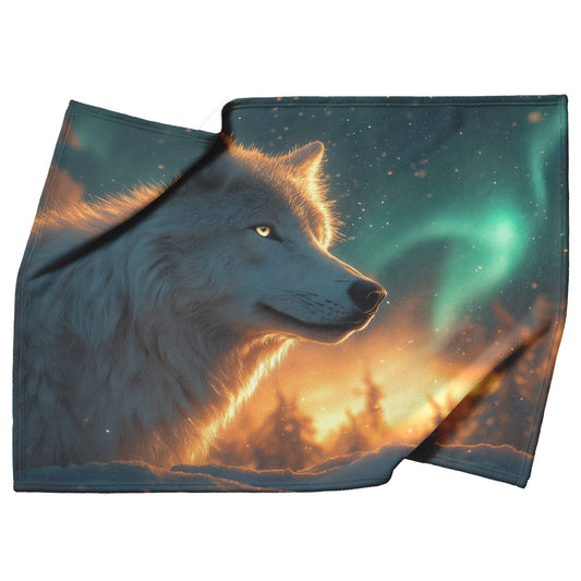 White Wolf Standing in Snowy Forest Under Faint Glowing Northern Lights Cozy Sherpa Blanket - Awakening Righteousness