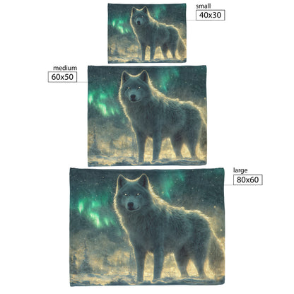 White Wolf Standing in Snowy Forest Under Faint Glowing Northern Lights Cozy Sherpa Blanket - Awakening Righteousness