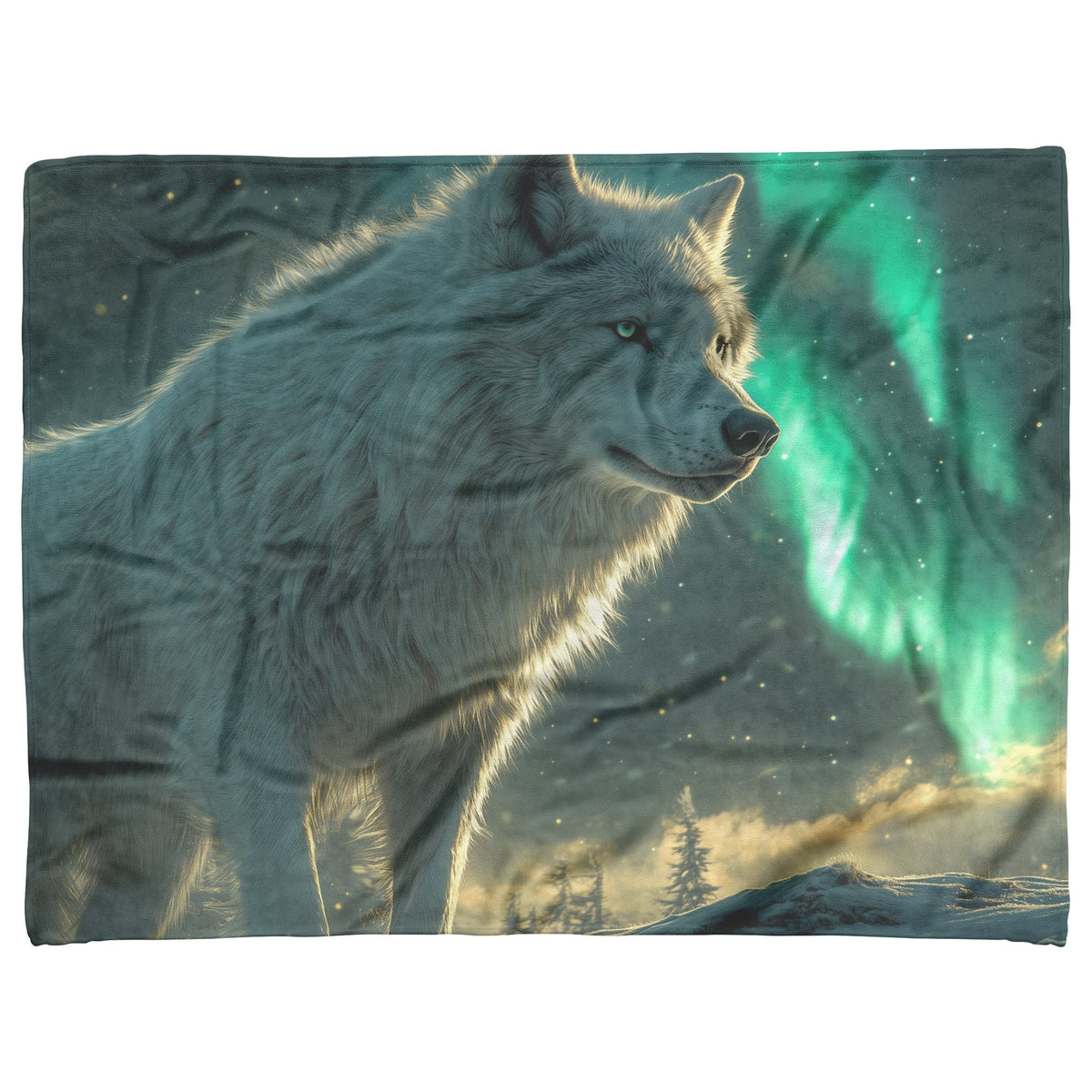 White Wolf Standing in Snowy Forest Under Faint Glowing Northern Lights Cozy Sherpa Blanket - Awakening Righteousness