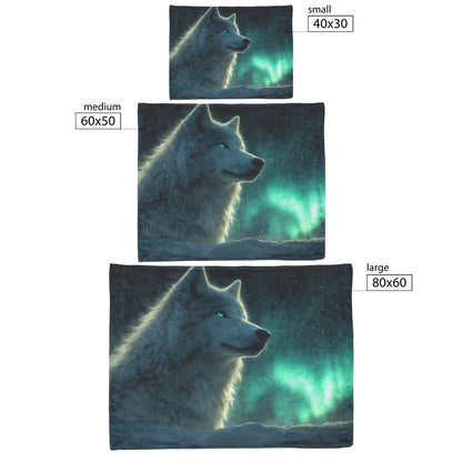 White Wolf Standing in Snowy Forest Under Faint Glowing Northern Lights Cozy Sherpa Blanket - Awakening Righteousness