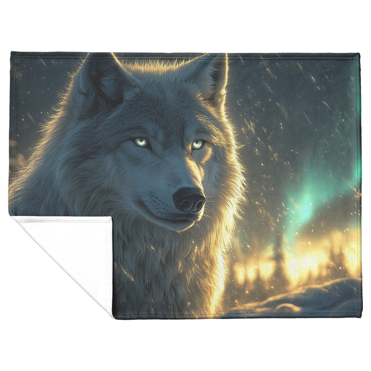 White Wolf Standing in Snowy Forest Under Faint Glowing Northern Lights Cozy Sherpa Blanket - Awakening Righteousness
