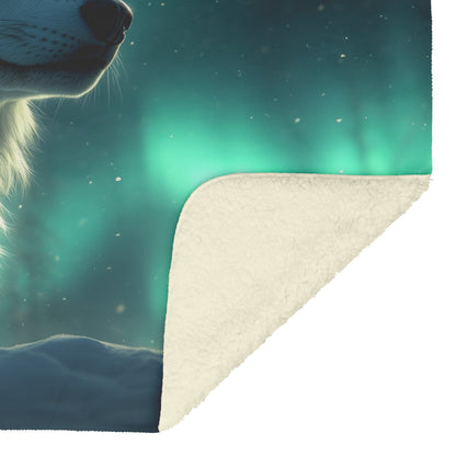 White Wolf Standing in Snowy Forest Under Faint Glowing Northern Lights Cozy Sherpa Blanket - Awakening Righteousness