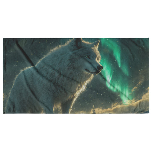 White Wolf Standing in Snowy Forest Under Faint Glowing Northern Lights Wildlife Design Beach Towel - Awakening Righteousness