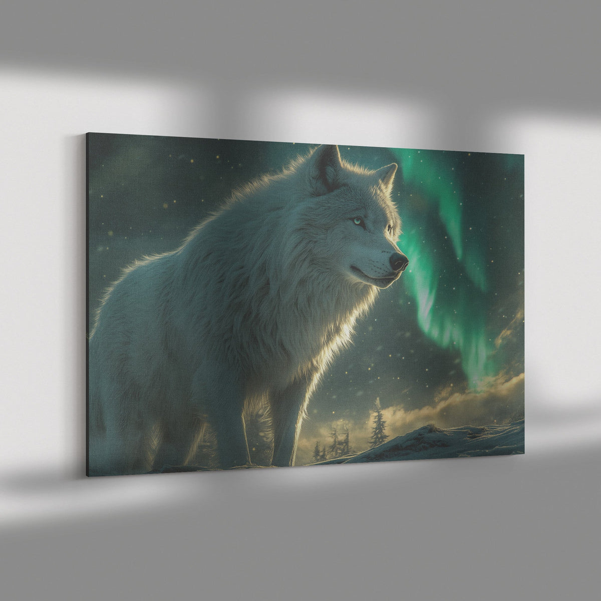 White Wolf Standing in Snowy Forest Under Glowing Northern Lights Intricate Fur Textures Wildlife Canvas Art - Awakening Righteousness