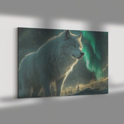 White Wolf Standing in Snowy Forest Under Glowing Northern Lights Intricate Fur Textures Wildlife Canvas Art - Awakening Righteousness