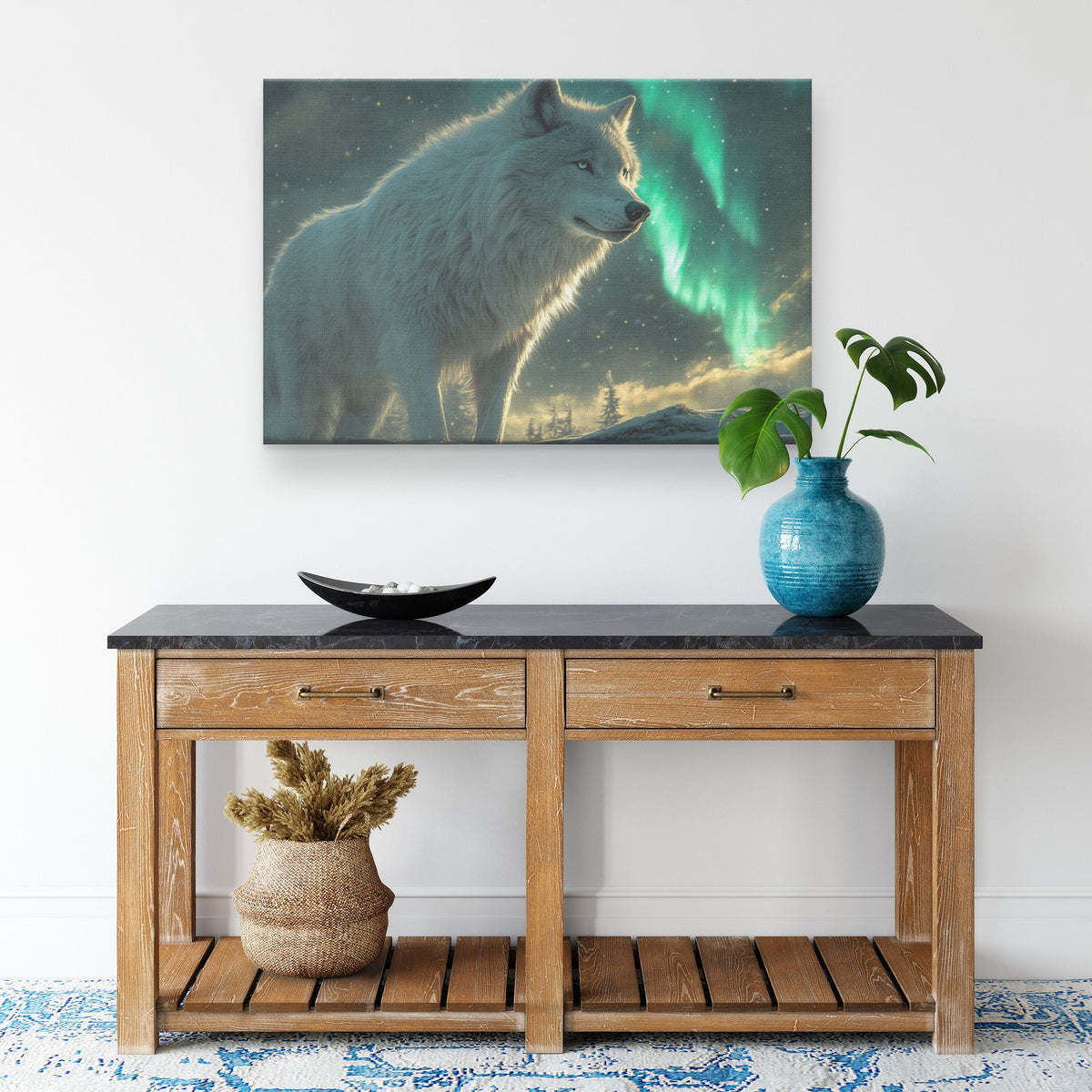 White Wolf Standing in Snowy Forest Under Glowing Northern Lights Intricate Fur Textures Wildlife Canvas Art - Awakening Righteousness