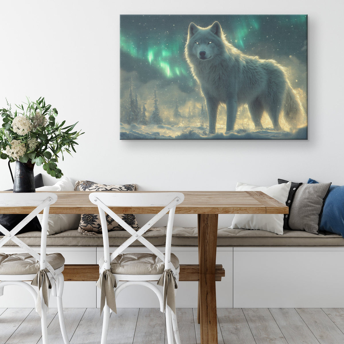 White Wolf Standing in Snowy Forest Under Glowing Northern Lights Intricate Fur Wildlife Canvas Wall Art - Awakening Righteousness