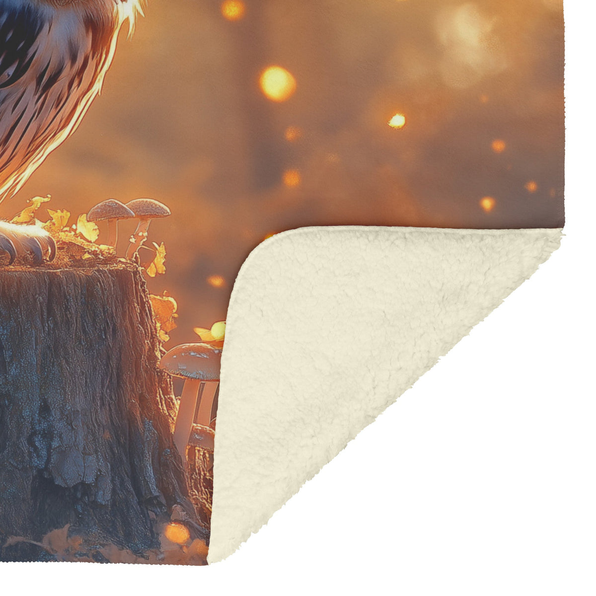 Wise Old Owl on Ancient Tree Stump Glowing Mushrooms Golden Mist Intricate Feather Details Fleece Sherpa Blanket - Awakening Righteousness