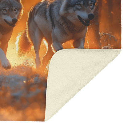 Wolf Pack Running Through Misty Forest with Golden Morning Light Streaming Through Trees Sherpa Blanket - Awakening Righteousness