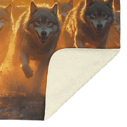 Wolf Pack Running Through Misty Forest with Golden Morning Light Streaming Through Trees Sherpa Blanket - Awakening Righteousness