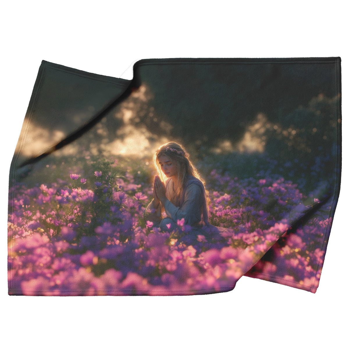 Woman Praying in Purple Flower Field Under Golden Light Cozy Christian Fleece Sherpa Blanket - Awakening Righteousness
