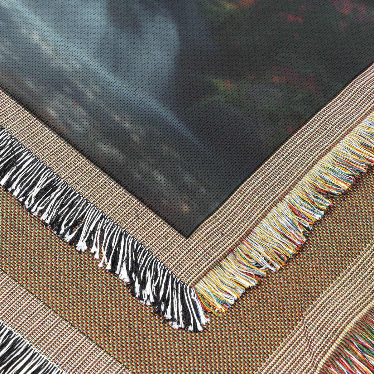 Woven Throw Blanket Depicting a Serene Waterfall with Autumn Trees in a Peaceful Garden - Awakening Righteousness