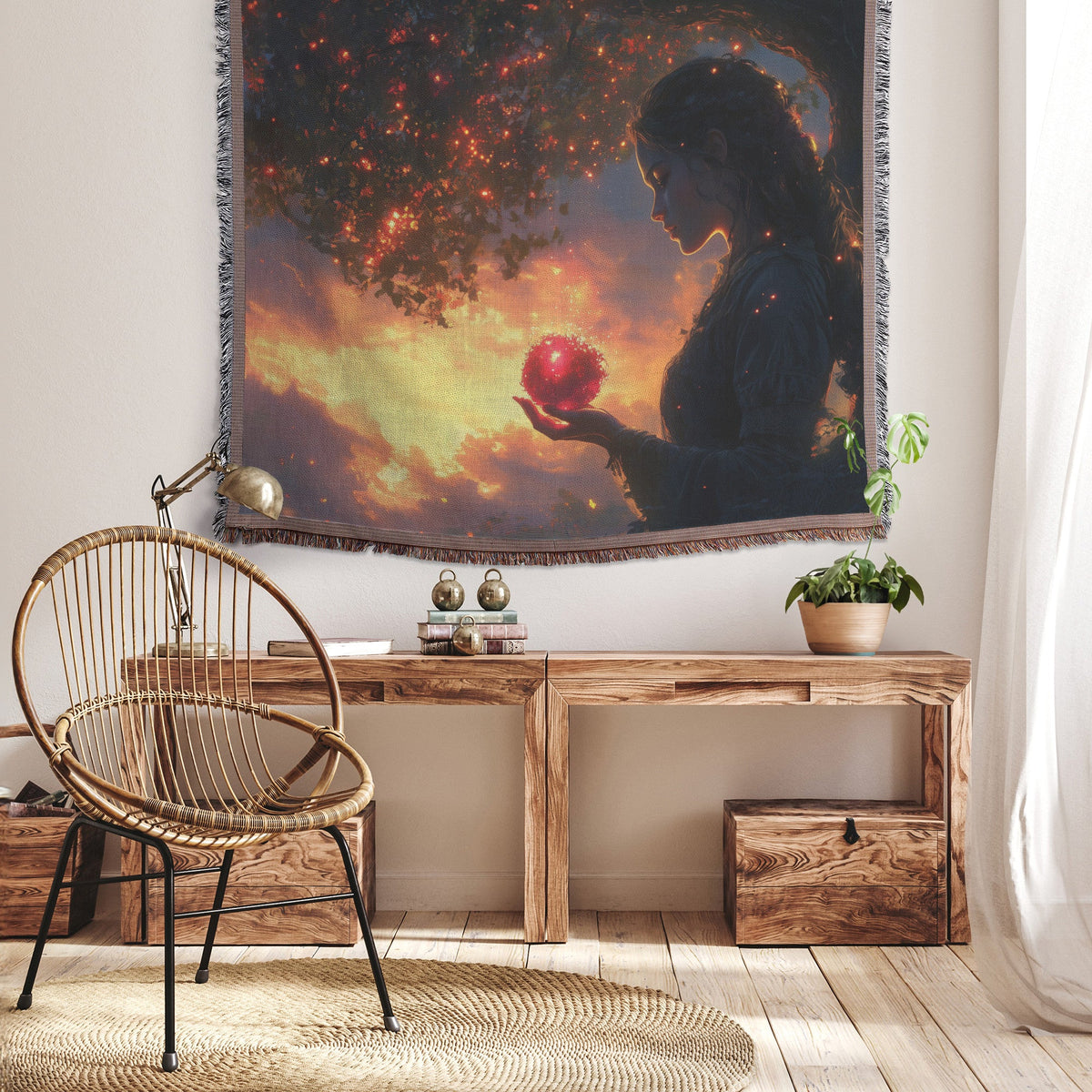 Woven Throw Blanket Depicting Eve Holding the Forbidden Fruit Beneath the Tree of Knowledge at Sunset - Awakening Righteousness