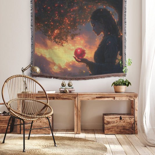 Woven Throw Blanket Depicting Eve Holding the Forbidden Fruit Beneath the Tree of Knowledge at Sunset - Awakening Righteousness