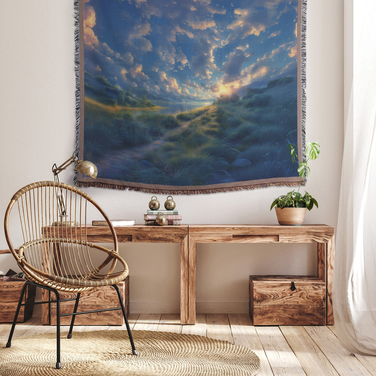 Woven Throw Blanket Featuring a Peaceful Pathway Beside a River with Majestic Clouds and Sunsets - Awakening Righteousness