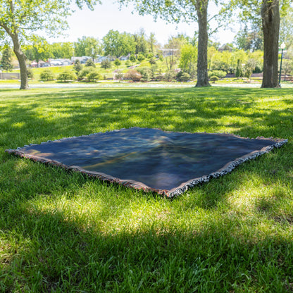 Woven Throw Blanket Featuring a Peaceful Pathway Beside a River with Majestic Clouds and Sunsets - Awakening Righteousness