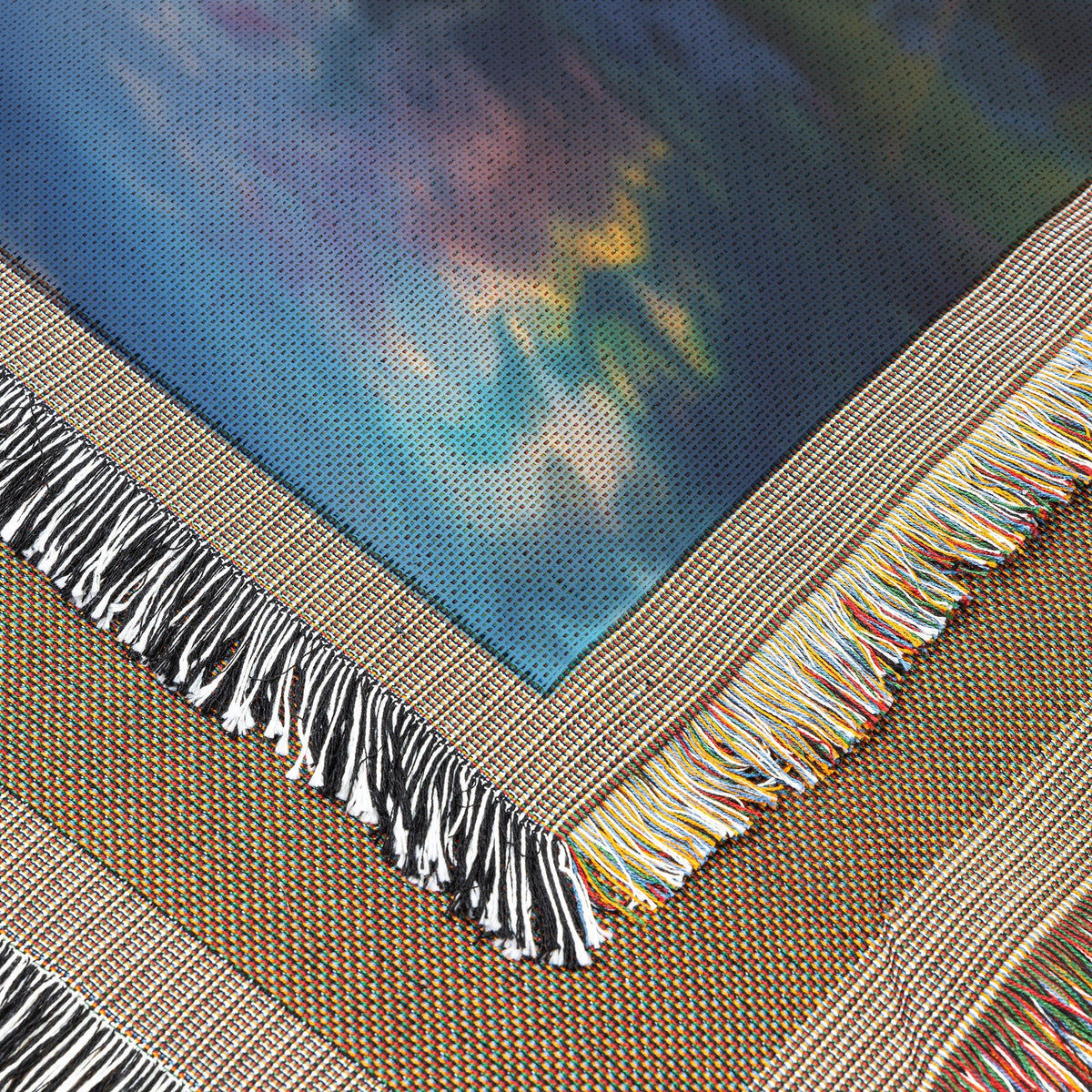 Woven Throw Blanket of a Scenic Autumn Landscape with River and Sunset over Majestic Mountains - Awakening Righteousness
