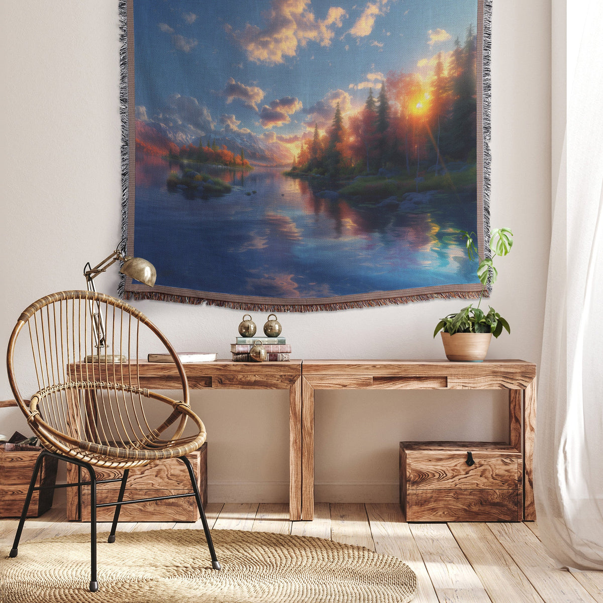 Woven Throw Blanket of a Scenic Autumn Landscape with River and Sunset over Majestic Mountains - Awakening Righteousness