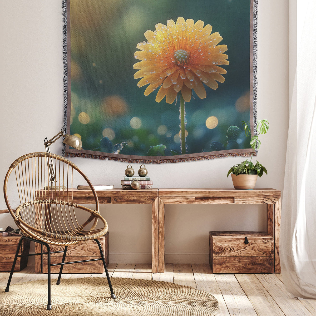 Yellow Daisy with Dew Drops in Soft Morning Light Woven Throw Blanket - Awakening Righteousness