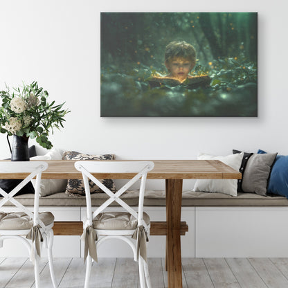 Young Boy Reading Glowing Bible Enchanted Forest Canvas Wall Art Decor - Awakening Righteousness