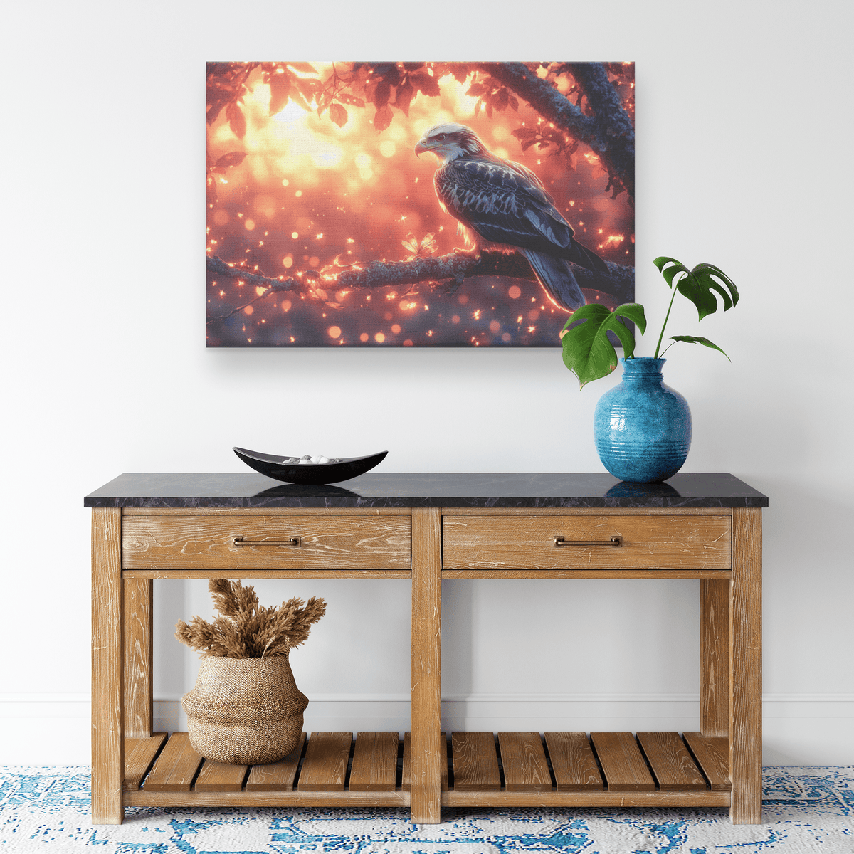 Young Eagle On Glowing Tree Branch Surrounded By Fireflies And Twilight Hues Canvas Wall Art Decor - Awakening Righteousness
