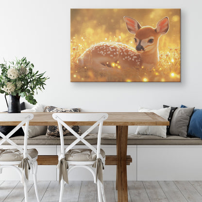 Young Fawn Resting in Golden Meadow Surrounded by Glowing Fireflies Canvas Wall Art Decor - Awakening Righteousness