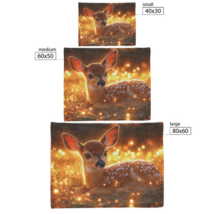 Young Fawn Resting in Golden Meadow with Glowing Fireflies and Warm Sunset Hues Fleece Sherpa Blanket - Awakening Righteousness