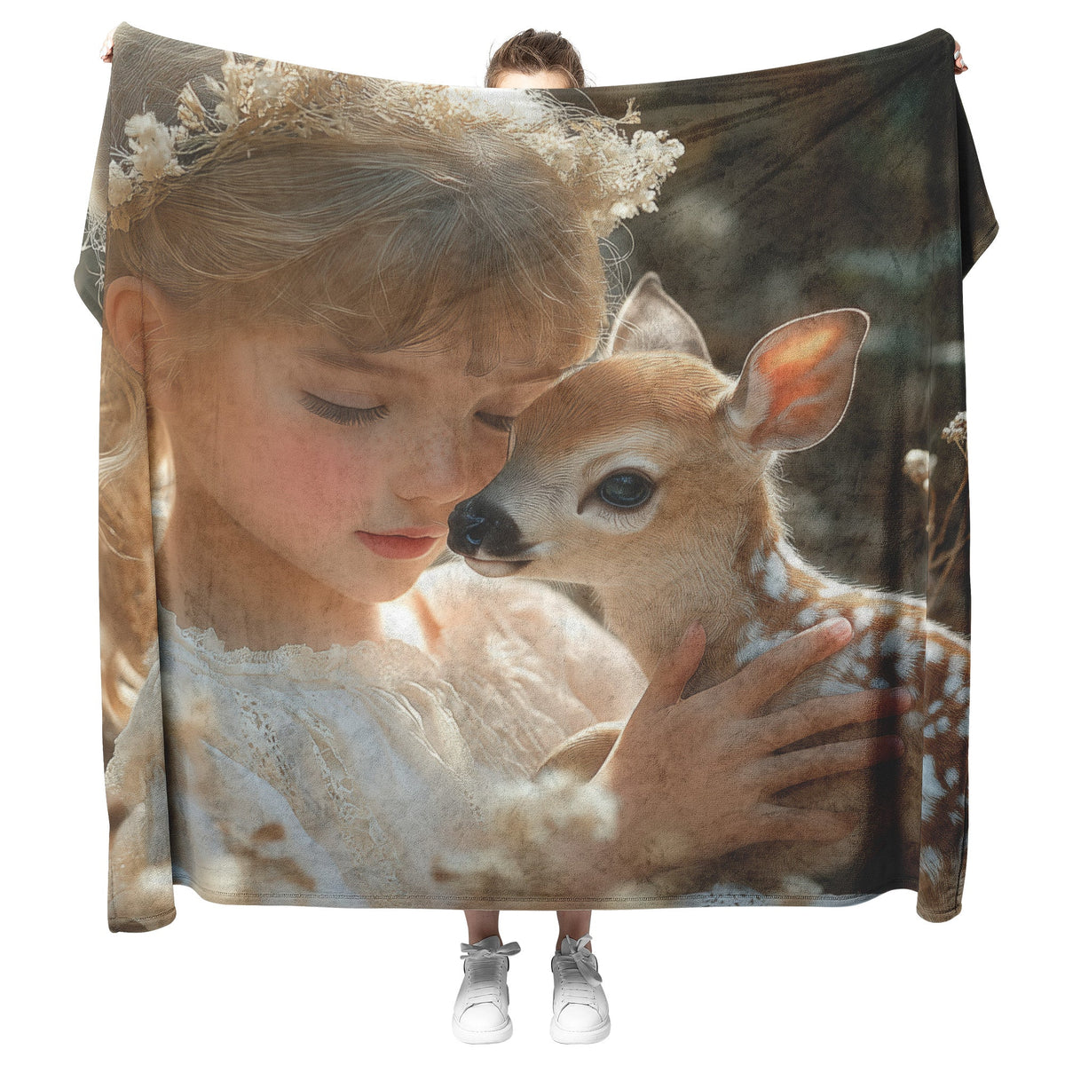 Young Girl with Blonde Hair Cradling Baby Deer in Elegant White Dress Cozy Fleece Sherpa Blanket - Awakening Righteousness