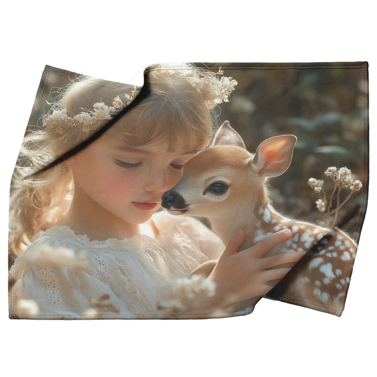 Young Girl with Blonde Hair Cradling Baby Deer in Elegant White Dress Cozy Fleece Sherpa Blanket - Awakening Righteousness