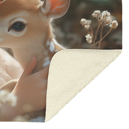 Young Girl with Blonde Hair Cradling Baby Deer in Elegant White Dress Cozy Fleece Sherpa Blanket - Awakening Righteousness