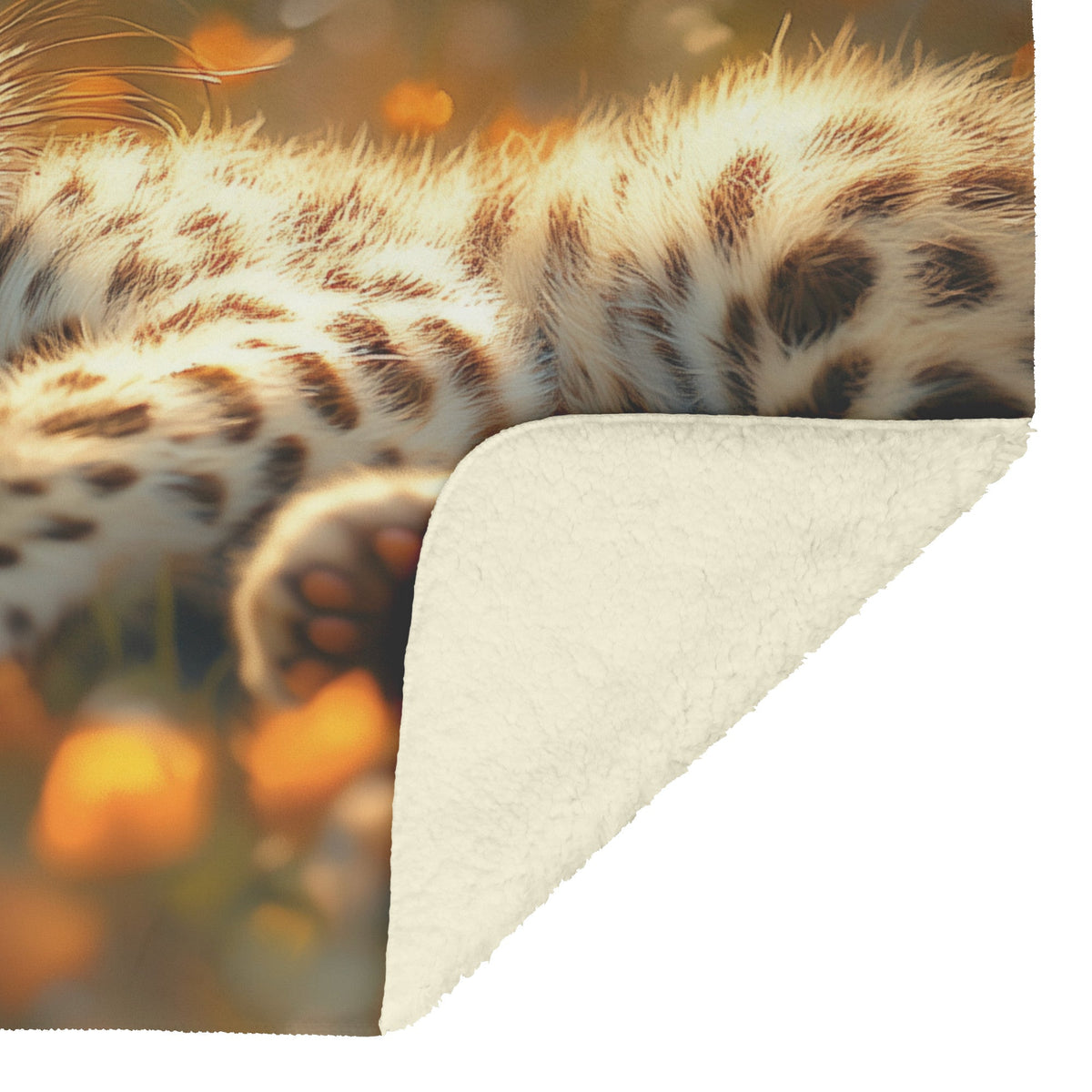Young Leopard Cub Playfully Rolling in Meadow of Glowing Flowers and Soft Sunlight Fleece Sherpa Blanket - Awakening Righteousness