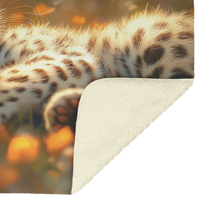 Young Leopard Cub Playfully Rolling in Meadow of Glowing Flowers and Soft Sunlight Fleece Sherpa Blanket - Awakening Righteousness