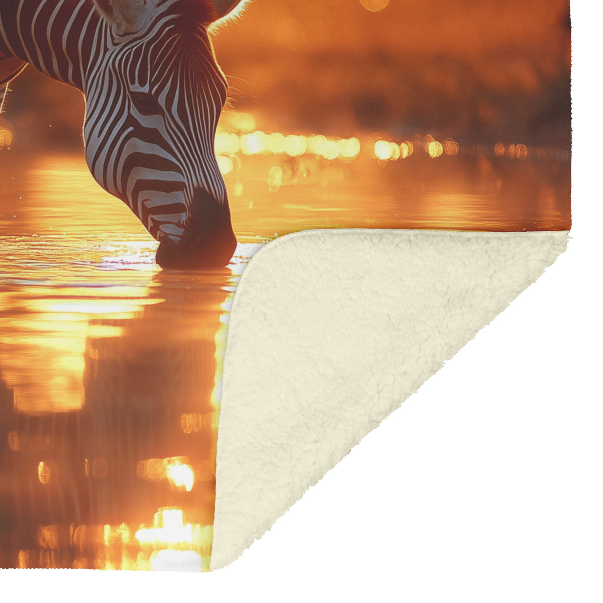 Zebra Drinking at River Sherpa Fleece Blanket Glowing Sunlight Stripes Reflecting Shimmering Water Serene Wildlife Scene - Awakening Righteousness