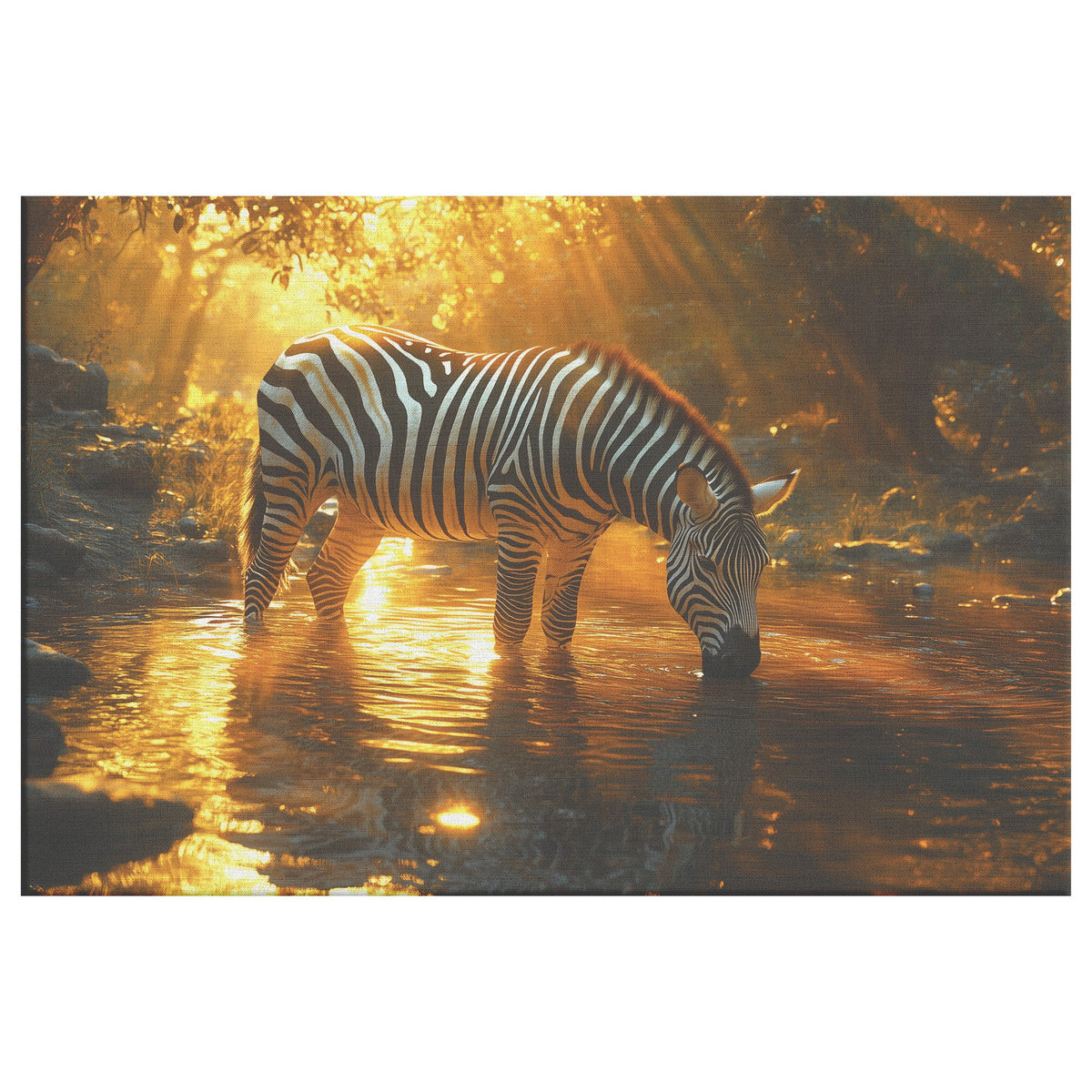 Zebra Drinking Water Under Glowing Sunlight with Stripes Reflecting in Shimmering River Canvas Wall Art - Awakening Righteousness