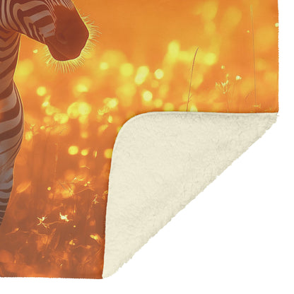 Zebra in Golden Savanna Sherpa Fleece Blanket Glowing Sunset Soft Light Stripes Illuminated Peaceful Wildlife Scene - Awakening Righteousness