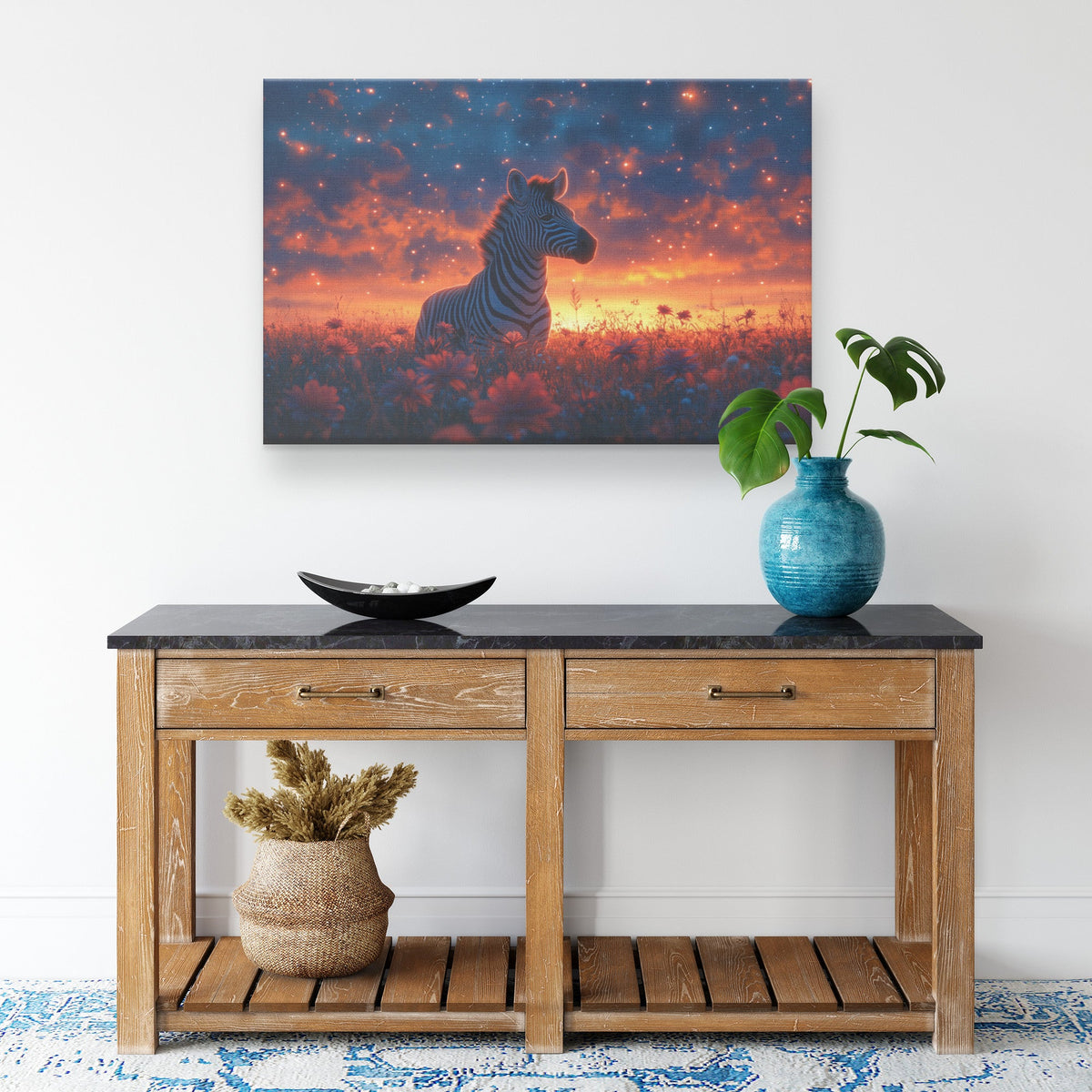Zebra Standing Alone Under Vibrant Twilight Sky with Glowing Stars in Peaceful Savanna Landscape Canvas Wall Art - Awakening Righteousness