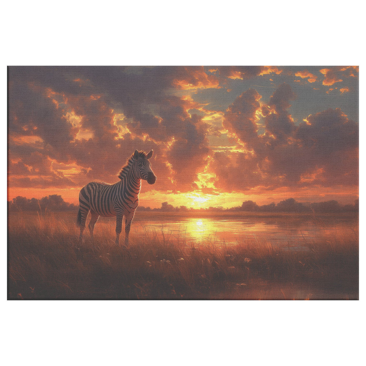 Zebra Standing in Golden Savanna Under Glowing Sunset with Stripes Illuminated by Soft Light Canvas Wall Art - Awakening Righteousness