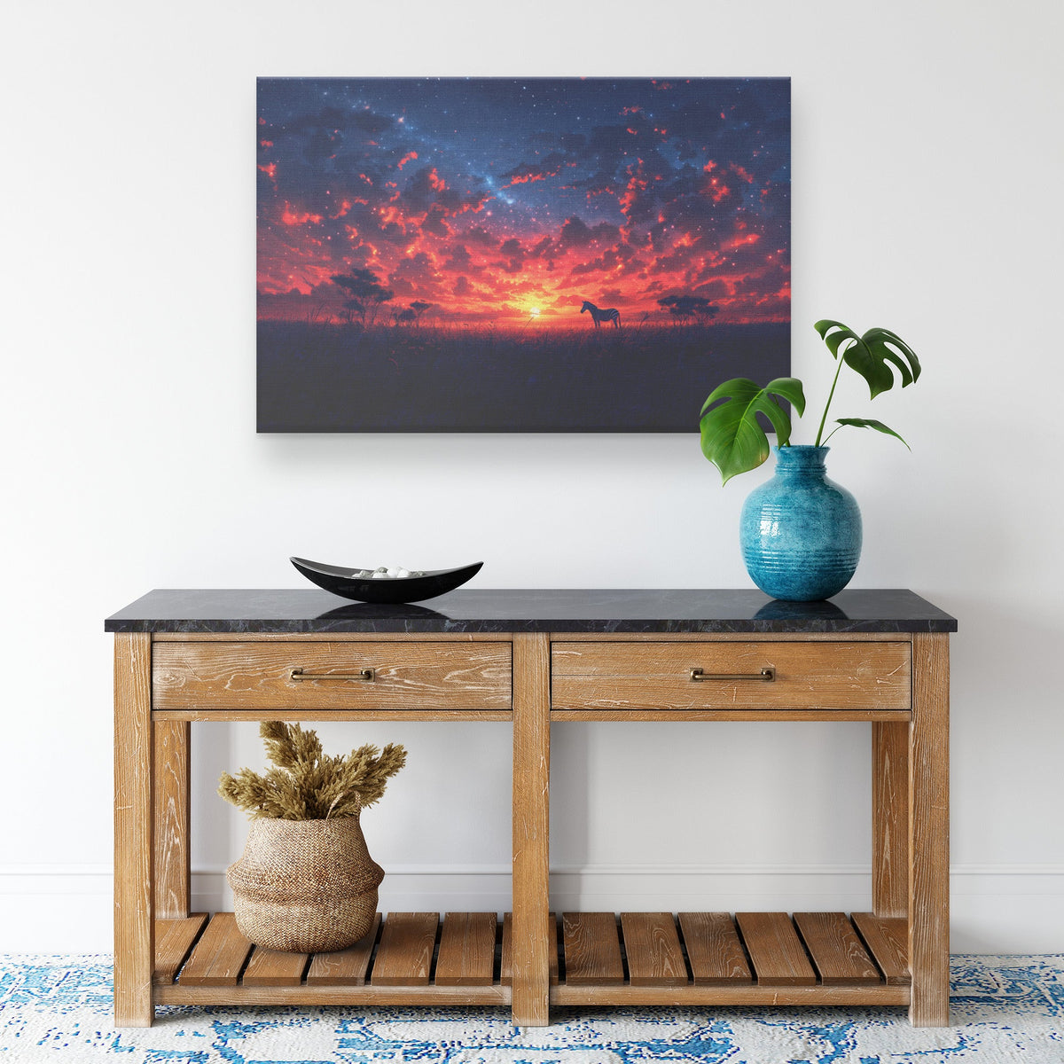 Zebra Standing Under Twilight Sky with Glowing Stars Peaceful Savanna Landscape Canvas Wall Art Decor - Awakening Righteousness