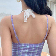 Lace Purple Plaid Strap Soft Cotton Mini Bodycon Dress Women