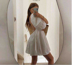 Sweet White Loose Backless Low Cut Puff Sleeve Mini Dress