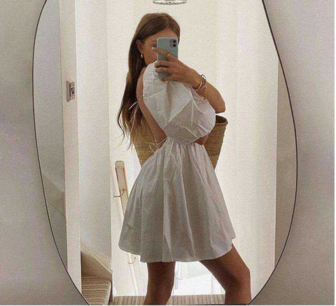 Image of Sweet White Loose Backless Low Cut Puff Sleeve Mini Dress