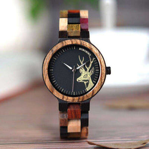 Lovers' Casual Quartz Elk Design Natural Wooden Watches with Mixed Colorful Wood Band