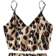 V-Neck Crop Top Drawstring Wide Leg Shorts Leopard Printed Loungewear