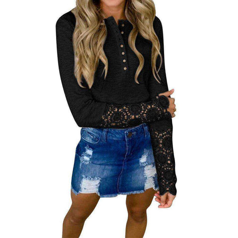 Image of Lace Stitching  Long-sleeved Knitted Top