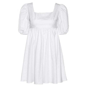 Sweet White Loose Backless Low Cut Puff Sleeve Mini Dress