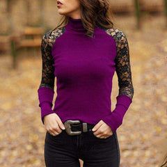 Spring and Autumn Women Knitted Lace Turtleneck Pullover Knitwear Femme Tops