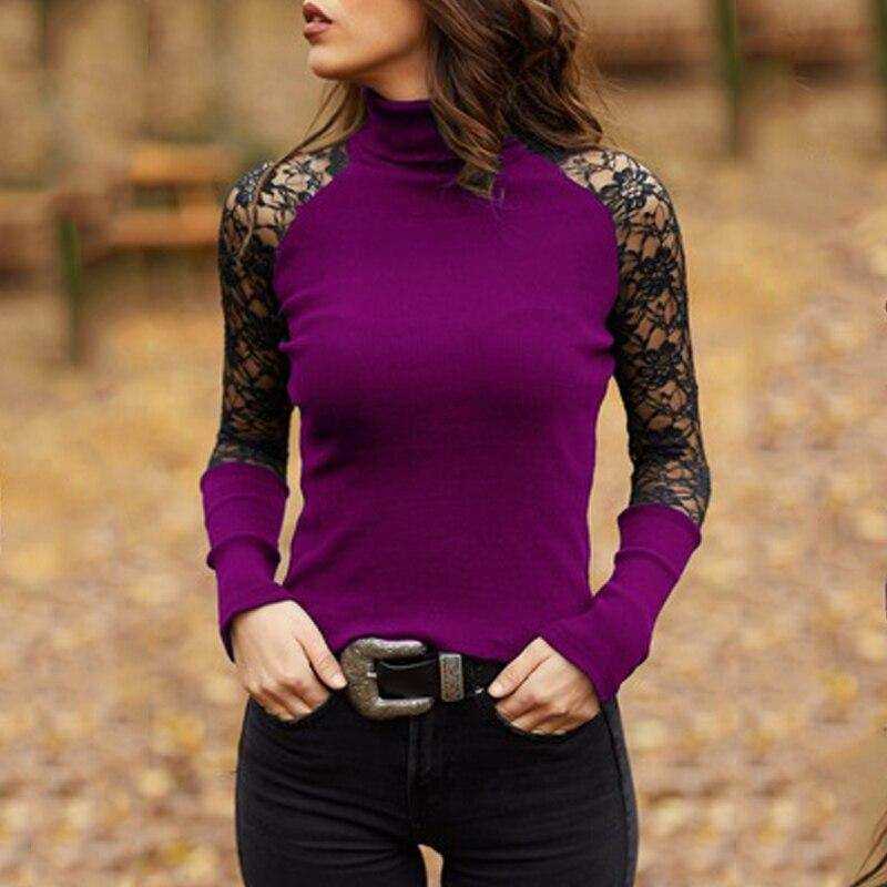 Spring and Autumn Women Knitted Lace Turtleneck Pullover Knitwear Femme Tops