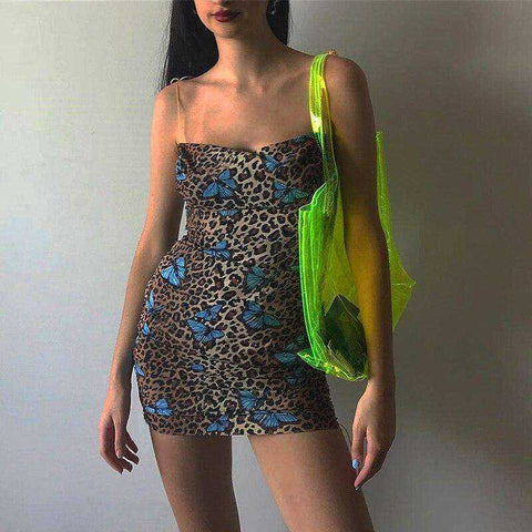 Image of Aesthetic Backless Butterfly Leopard Print Mini Strap Lace Up Women Dresses