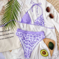 Women Sexy Cut Out Patchwork High Waist Purple Leopard Bikini  Swimwear